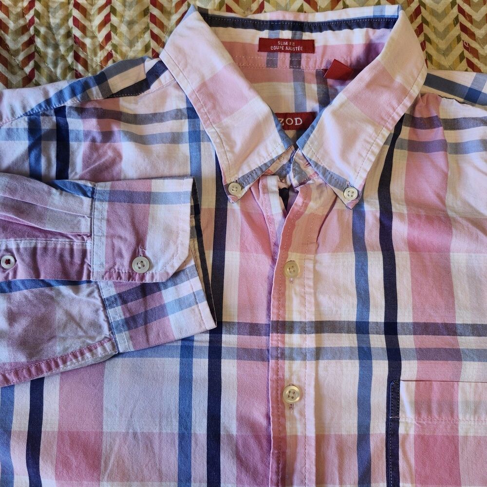 Izod Saltwater Mens L Coastal Pastel Plaid Button Up Long Sleeve Shirt Pink Blue